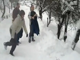 Nerd jumps in the snow
